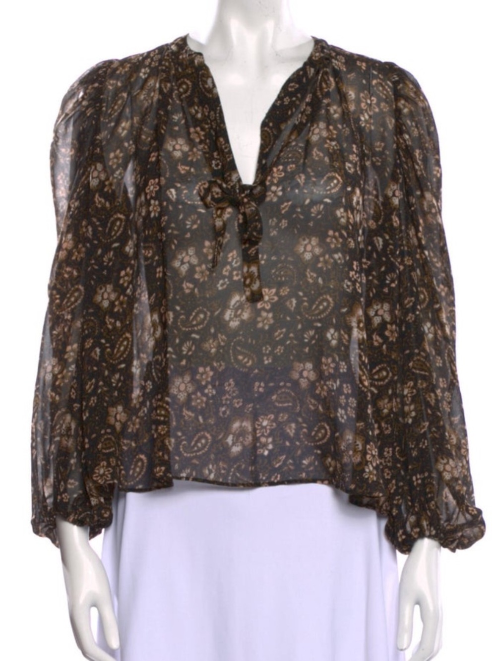 Ulla Johnson Black and Brown Floral Silk Tie-Neck Blouse